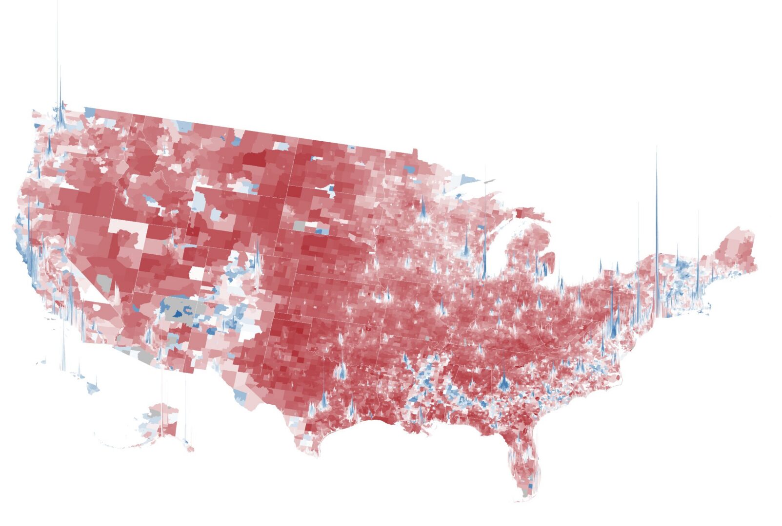 3D map of 2024 U.S. presidential election results by county, with color ranging from red (Republican) to blue (Democratic) and height representing population size.