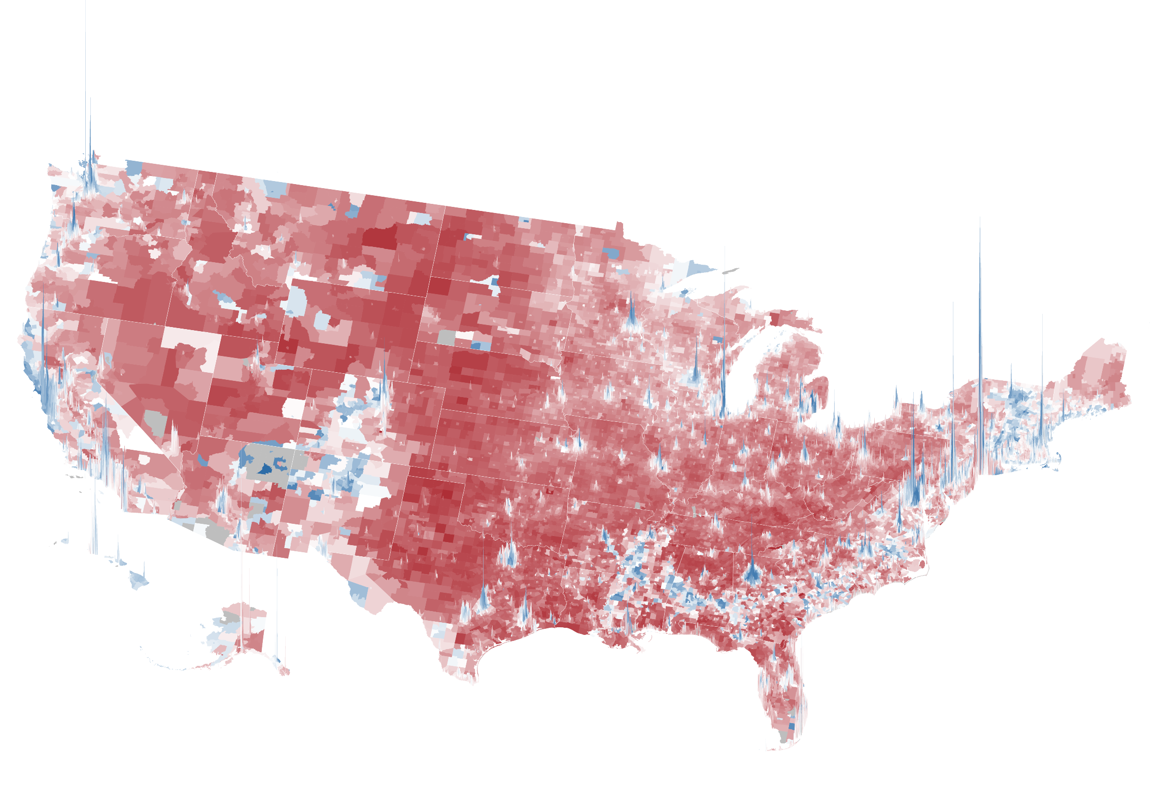3D map of 2024 U.S. presidential election results by county, with color ranging from red (Republican) to blue (Democratic) and height representing population size.